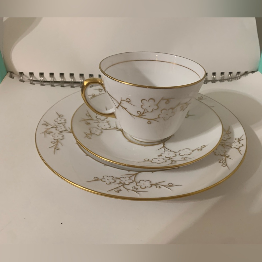 Vintage Spode Y3679 c Blanche de Chine Gold Tea Cup Saucer Dessert Set